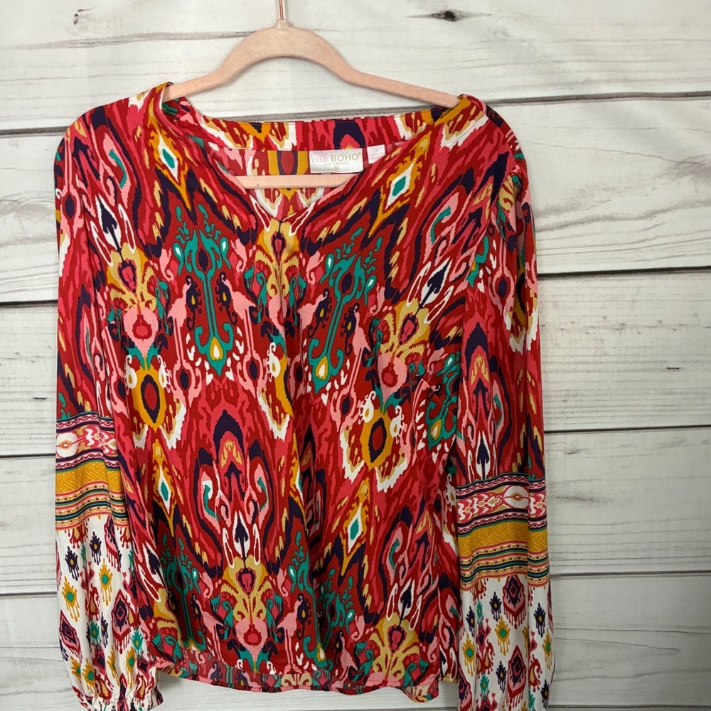 Belle Boho Kim Gravel Red Multi color Print Surplice Balloon Sleeve Blouse Small